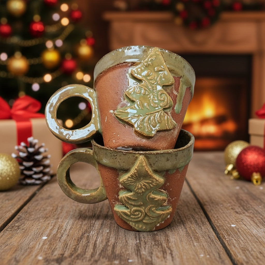 Christmas Tree Ceramic Coffee Cups – Set of 2 Festive Holiday Vessels, Ø8.5×7.5 cm by Red Raven Pottery