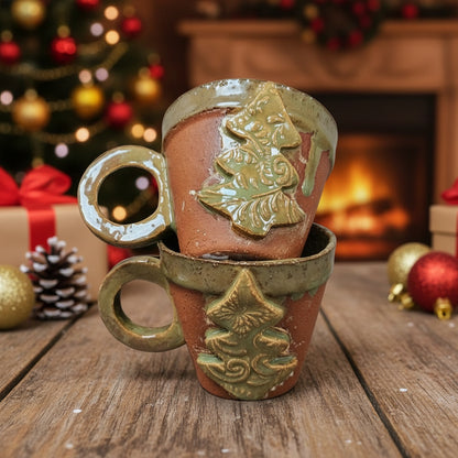 Christmas Tree Ceramic Coffee Cups – Set of 2 Festive Holiday Vessels, Ø8.5×7.5 cm by Red Raven Pottery