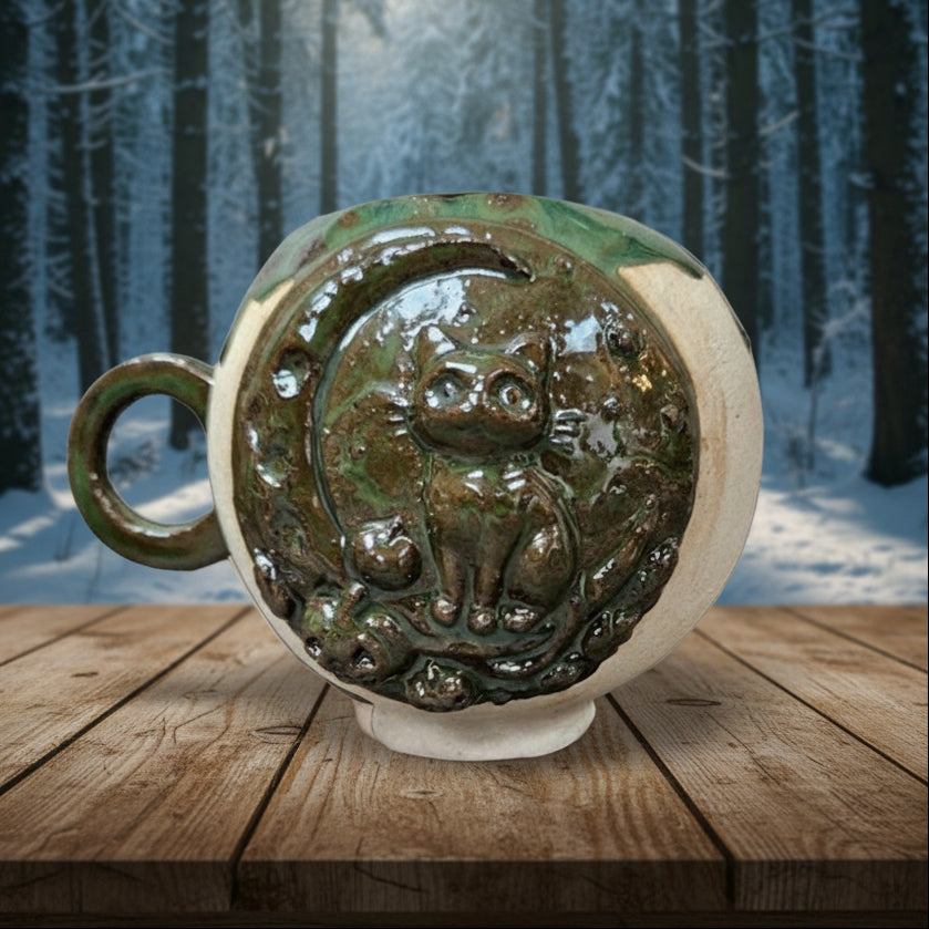 Crescent Familiar Ceramic Tea Mug – Guardian Of Moonlit Brews, Ø11×10.5 cm by Red Raven Pottery