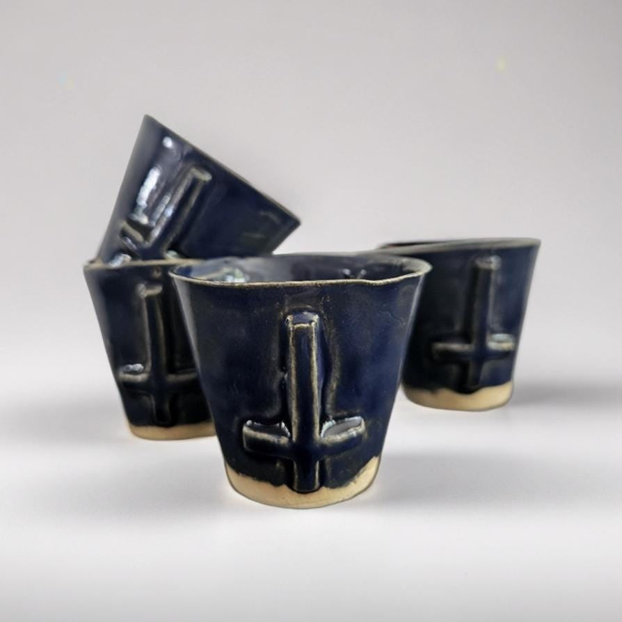 Crux Inversa Ceramic Minis – Anchored Duo for Shots & Succulents, Ø5×6 cm by Red Raven Pottery