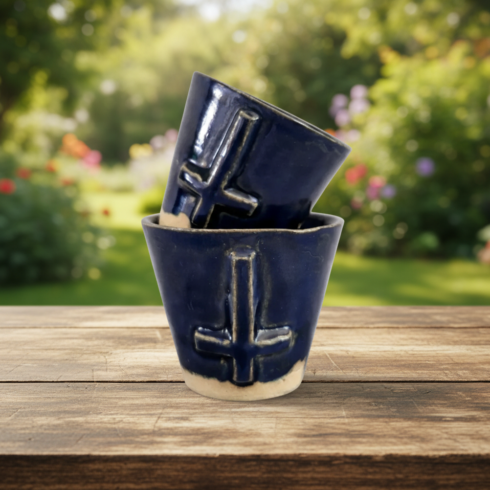 Crux Inversa Ceramic Minis – Anchored Duo for Shots & Succulents, Ø5×6 cm by Red Raven Pottery