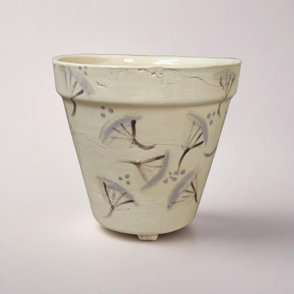 Dandelion Drift Ceramic Planter – Vintage Blue Whimsy, Ø11×10 cm by Red Raven Pottery