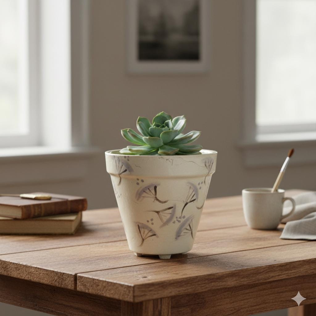 Dandelion Drift Ceramic Planter – Vintage Blue Whimsy, Ø11×10 cm by Red Raven Pottery