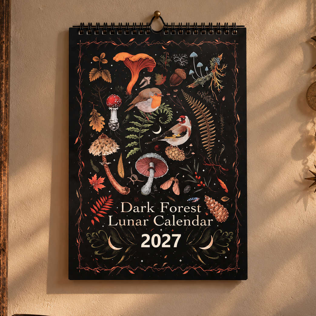 Dark Forest 2027 Lunar Wall Calendar – Mushroom & Botanical Art, 21 × 28 cm