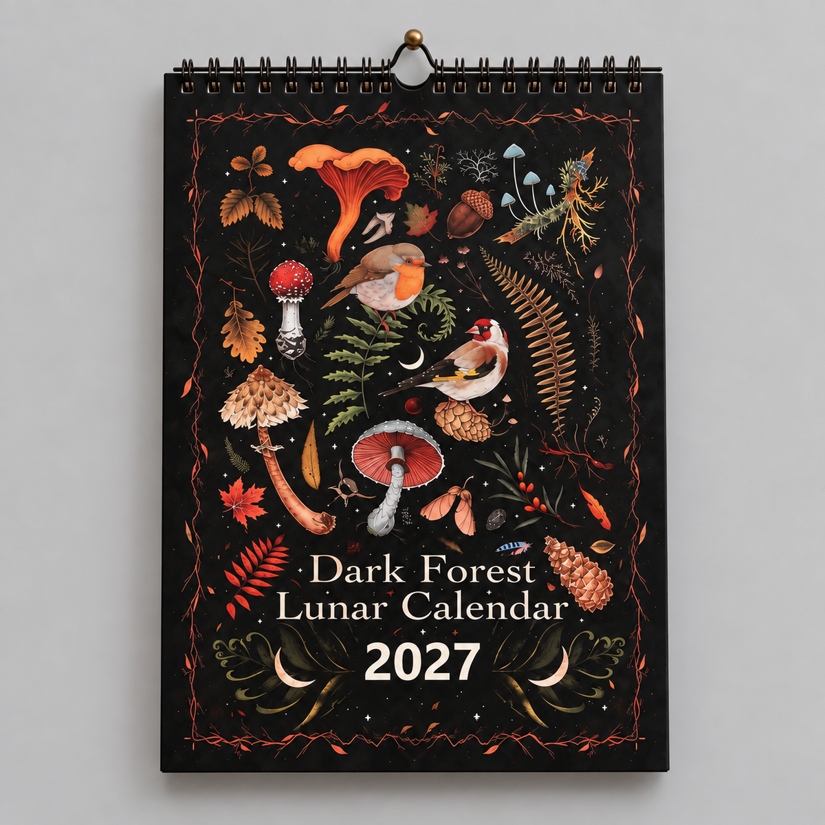 Dark Forest 2027 Lunar Wall Calendar – Mushroom & Botanical Art, 21 × 28 cm