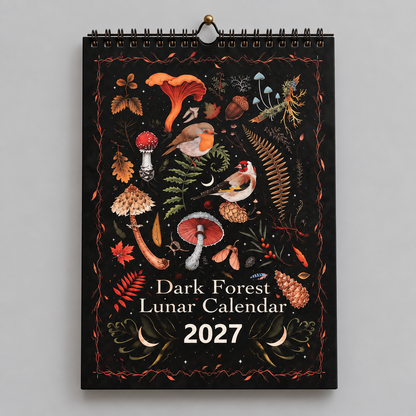 Dark Forest 2027 Lunar Wall Calendar – Mushroom & Botanical Art, 21 × 28 cm
