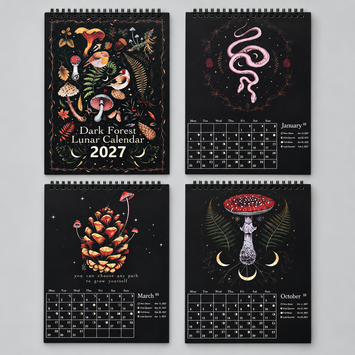 Dark Forest 2027 Lunar Wall Calendar – Mushroom & Botanical Art, 21 × 28 cm