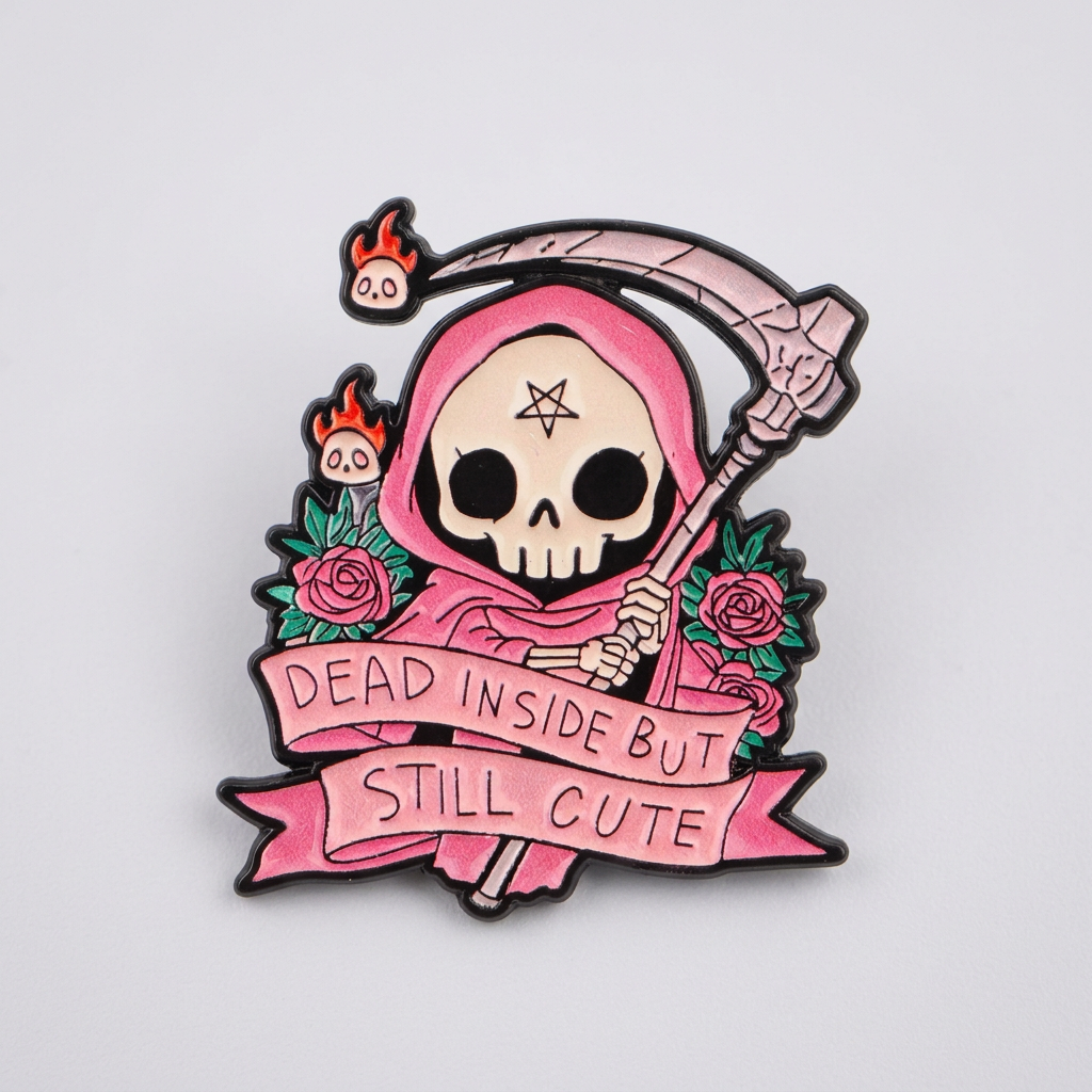 Dead Inside But Still Cute Enamel Pin – Grim Reaper Metal Badge, 2.8 × 3 cm