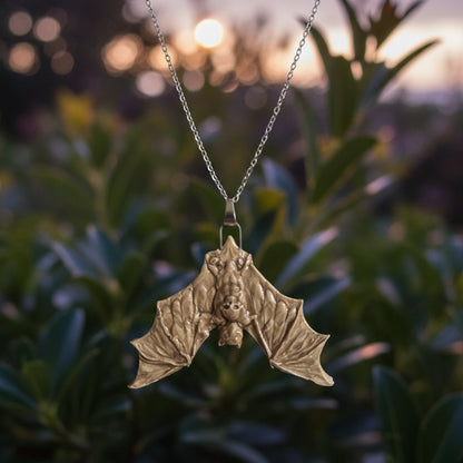 Death Head Bat Necklace – Nocturnal Ceramic Pendant, 6.5 × 5 cm by Red Raven Pottery