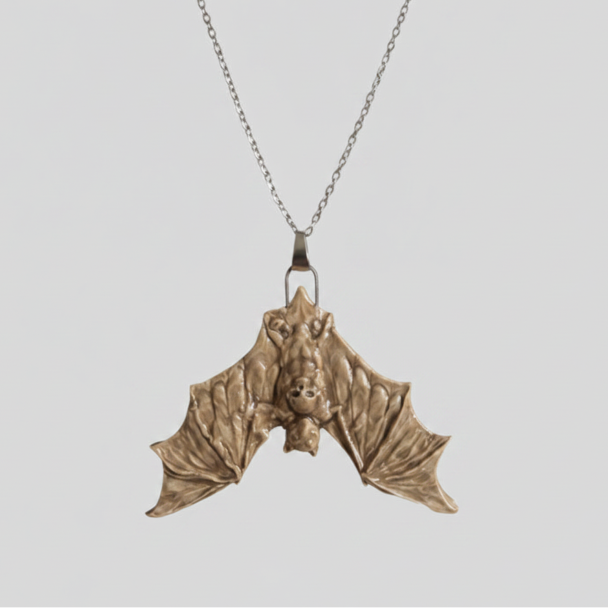 Death Head Bat Necklace – Nocturnal Ceramic Pendant, 6.5 × 5 cm by Red Raven Pottery