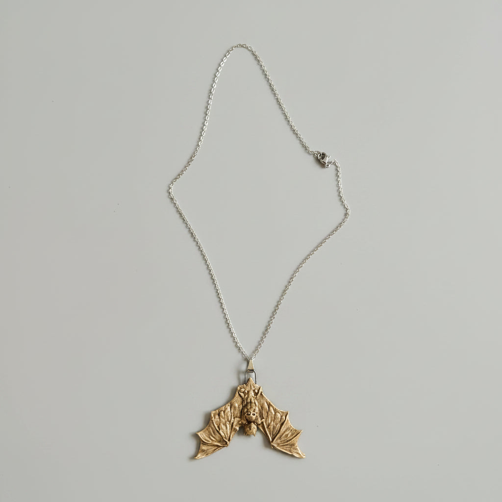 Death Head Bat Necklace – Nocturnal Ceramic Pendant, 6.5 × 5 cm by Red Raven Pottery