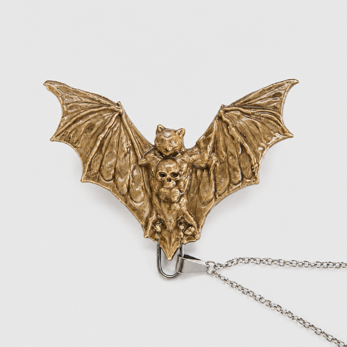 Death Head Bat Necklace – Nocturnal Ceramic Pendant, 6.5 × 5 cm by Red Raven Pottery