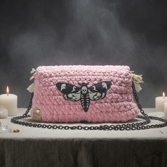 Death's-head Hawkmoth Crochet Purse – Pink Gothic Shoulder Bag, 20 × 10 cm by Hook & Hex