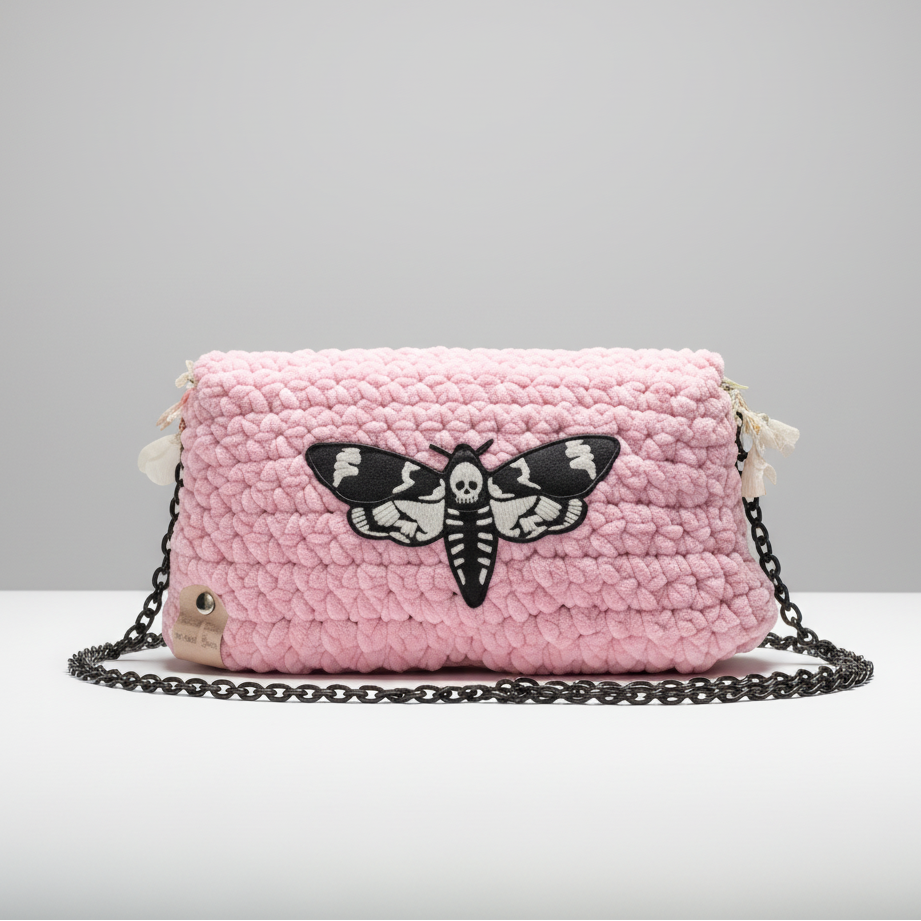 Moth Magic Shoulder Bag – Hand-crocheted Dusky Pink Accessory, 20 × 10 cm by Hook & Hex