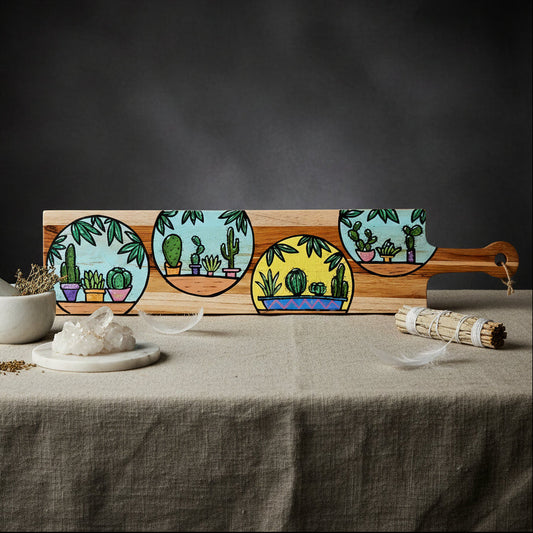Desert Lineage Wooden Cactus Tray – Hand-Painted Serving Board, 70 × 14.5 cm by Hook & Hex