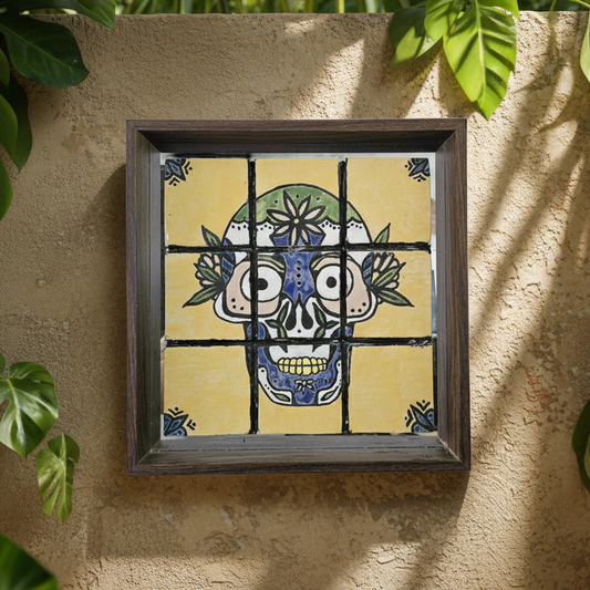 Dia de los Muertos Ceramic Tile Mirror – Sacred Skull Reflection, 39×39×5 cm by Red Raven Pottery