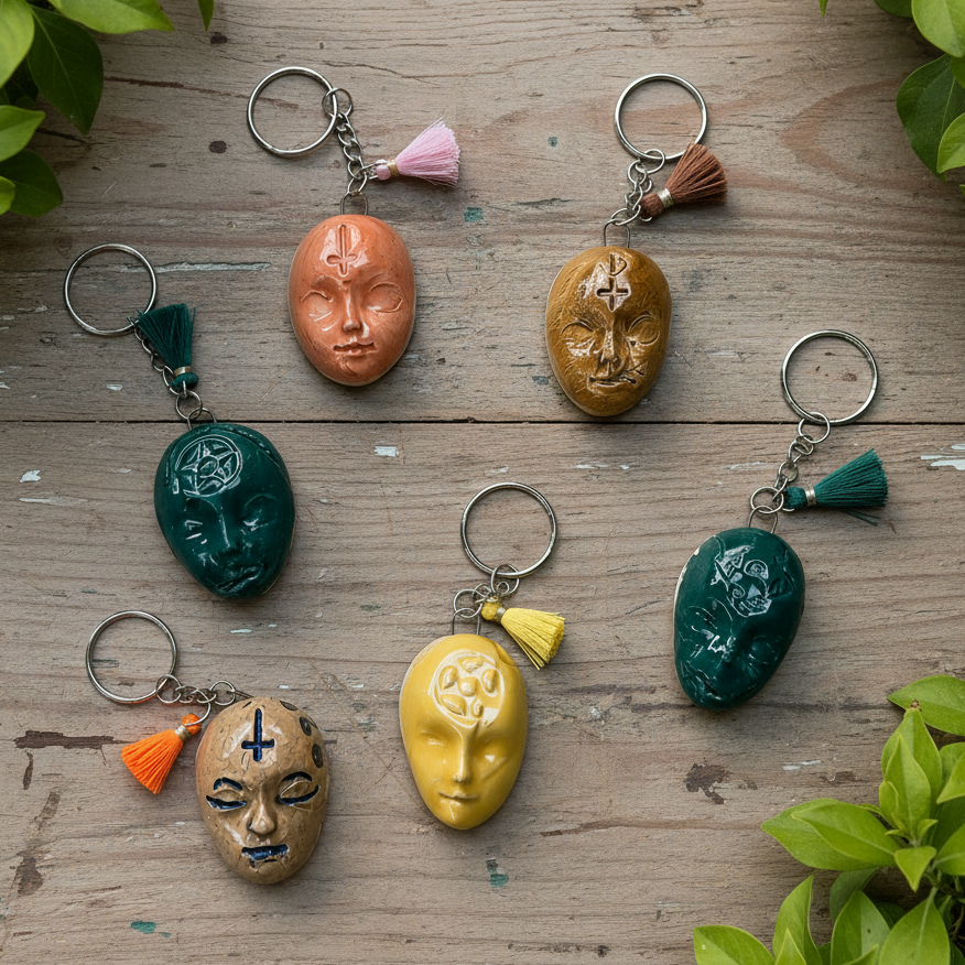 Doll Face Keyring – Enigmatic Ceramic Charm, 4 × 3 cm by Red Raven Pottery