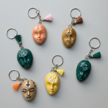 Doll Face Keyring – Enigmatic Ceramic Charm, 4 × 3 cm by Red Raven Pottery