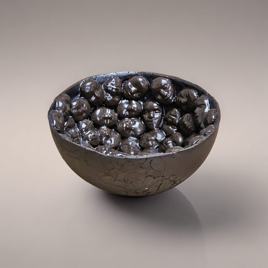 Dollfaces' Gaze Ceramic Bowl – Uneasy Innocence in Silence, Ø13×6 cm by Red Raven Pottery