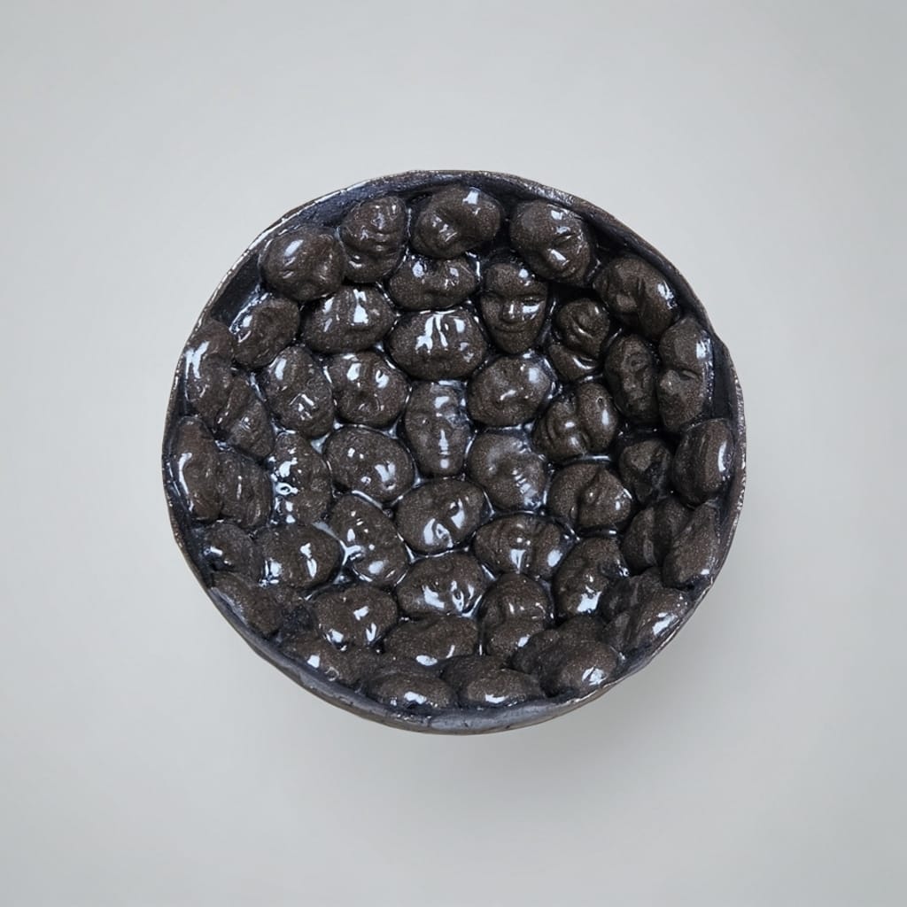 Dollfaces' Gaze Ceramic Bowl – Uneasy Innocence in Silence, Ø13×6 cm by Red Raven Pottery