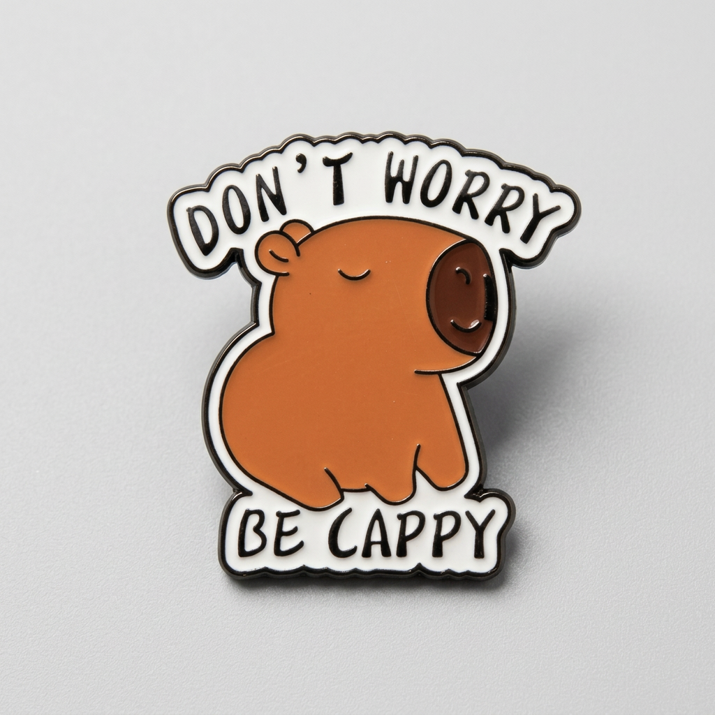 Don't Worry Be Cappy Enamel Pin – Calm Capybara Metal Badge, 3 × 3 cm