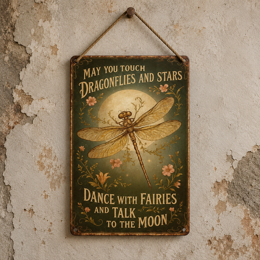 Dragonflies & Stars Wooden Sign – Fairy Moon Wall Art, 13 × 20 cm vintage wall sign
