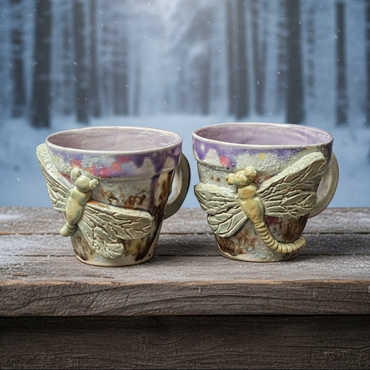 Dragonfly Dawn Ceramic Coffee Cups – Set of 2 Morning Ritual Vessels, Ø7.5×6.5 cm by Red Raven Pottery