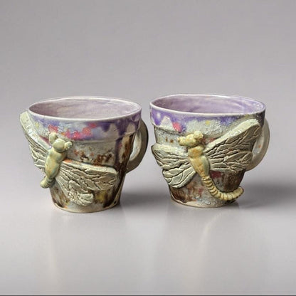Dragonfly Dawn Ceramic Coffee Cups – Set of 2 Morning Ritual Vessels, Ø7.5×6.5 cm by Red Raven Pottery