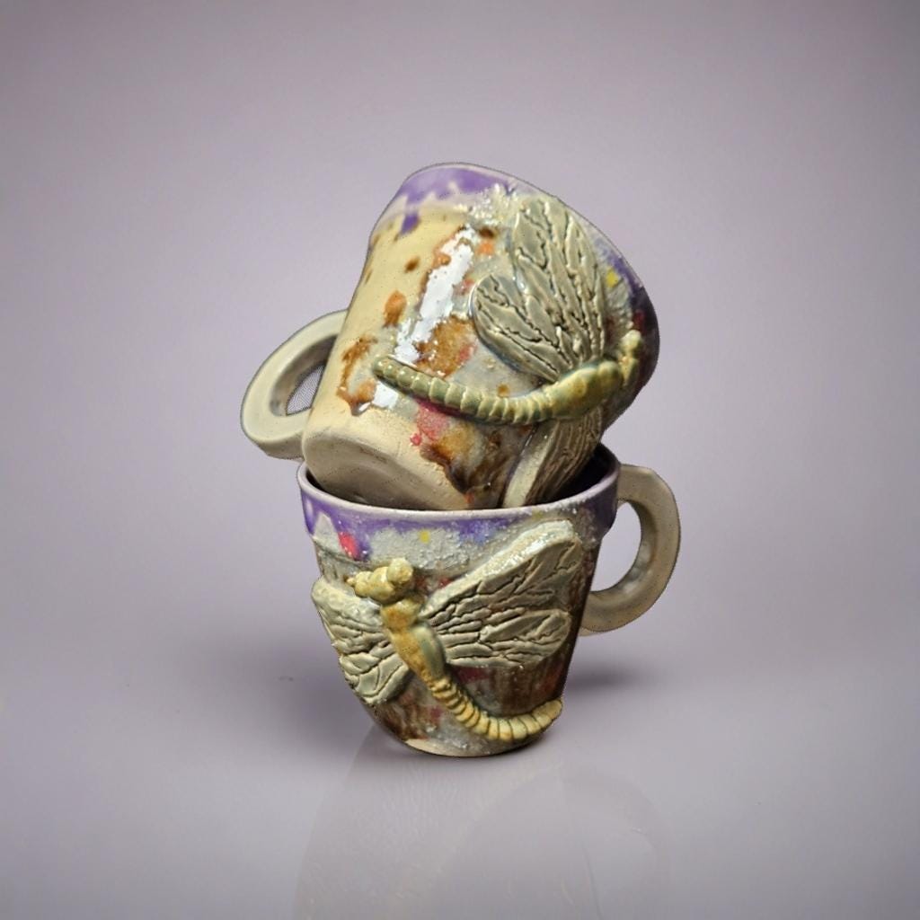 Dragonfly Dawn Ceramic Coffee Cups – Set of 2 Morning Ritual Vessels, Ø7.5×6.5 cm by Red Raven Pottery