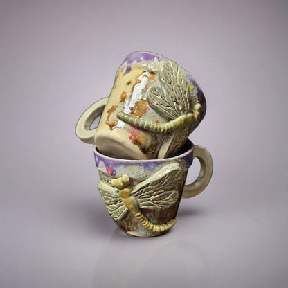 Dragonfly Dawn Ceramic Coffee Cups – Set of 2 Morning Ritual Vessels, Ø7.5×6.5 cm by Red Raven Pottery