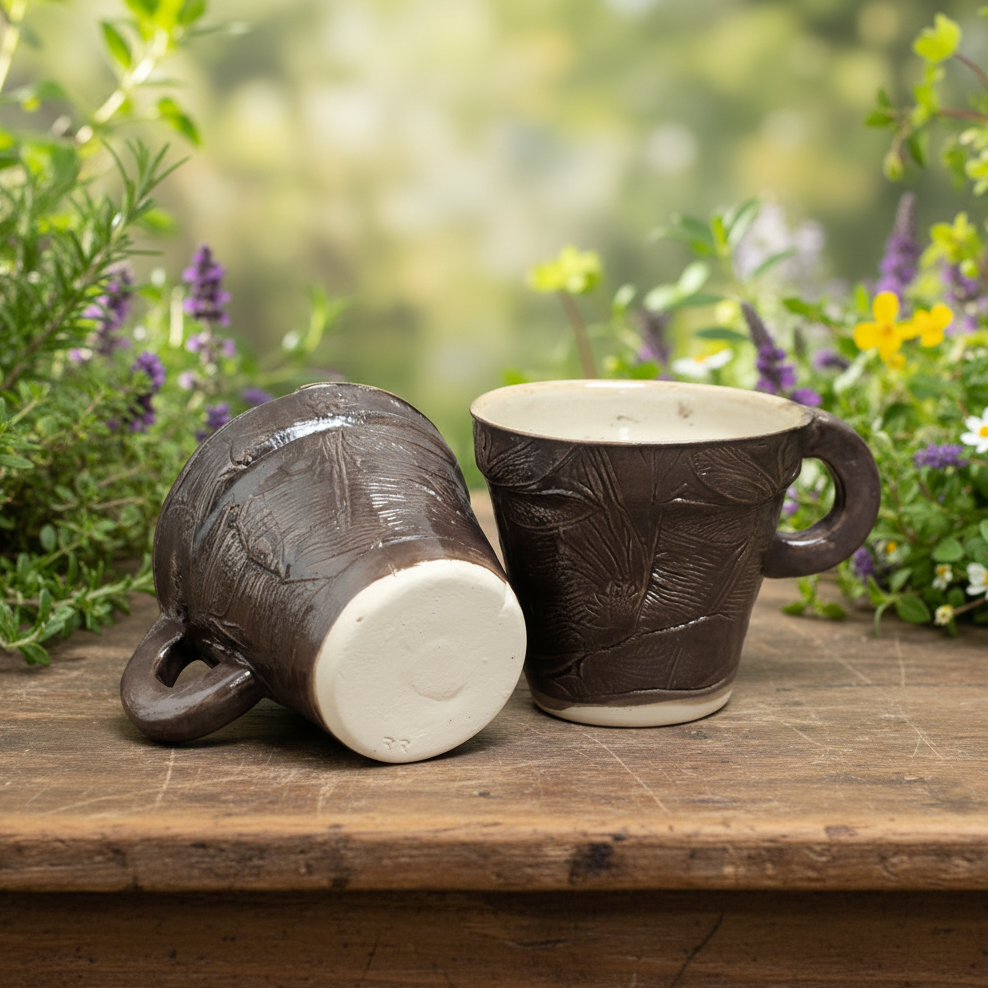 Dragonfly Imprint Ceramic Coffee Cups – Duo Of Fleeting Beauty, Ø7×6.5 cm  by Red Raven Pottery
