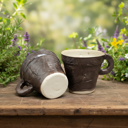 Dragonfly Imprint Ceramic Coffee Cups – Duo Of Fleeting Beauty, Ø7×6.5 cm  by Red Raven Pottery