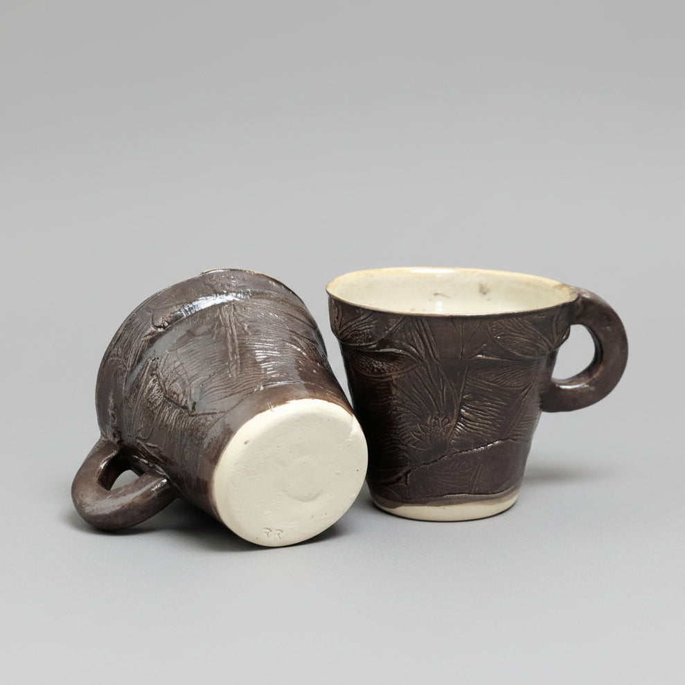 Dragonfly Imprint Ceramic Coffee Cups – Duo Of Fleeting Beauty, Ø7×6.5 cm  by Red Raven Pottery