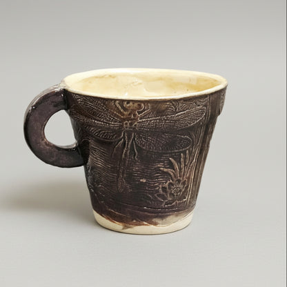 Dragonfly Imprint Ceramic Coffee Cups – Duo Of Fleeting Beauty, Ø7×6.5 cm  by Red Raven Pottery