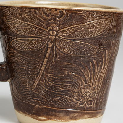 Dragonfly Imprint Ceramic Coffee Cups – Duo Of Fleeting Beauty, Ø7×6.5 cm  by Red Raven Pottery