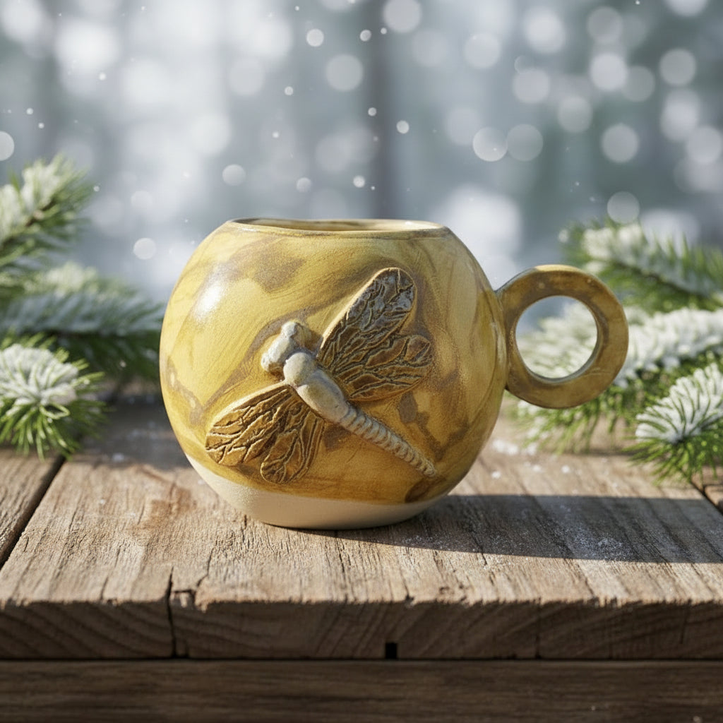 Drifting Dragonfly Ceramic Tea Mug – Dawn-Toned Ritual Comfort, Ø11×9.5 cm by Red Raven Pottery