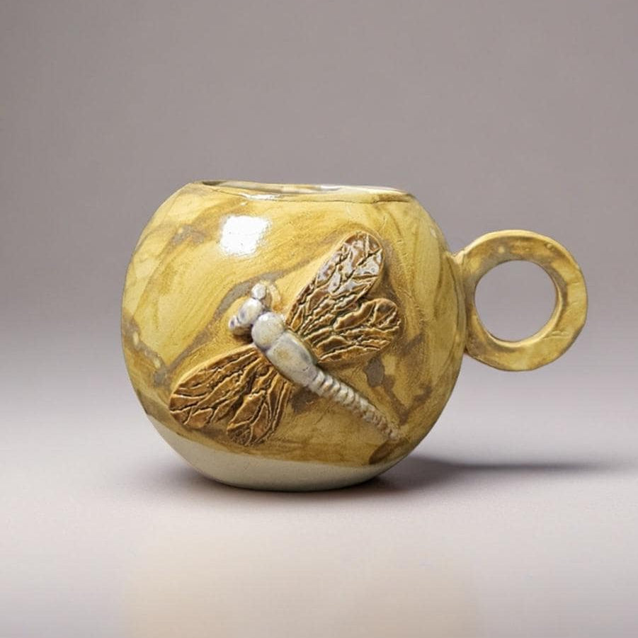 Drifting Dragonfly Ceramic Tea Mug – Dawn-Toned Ritual Comfort, Ø11×9.5 cm by Red Raven Pottery