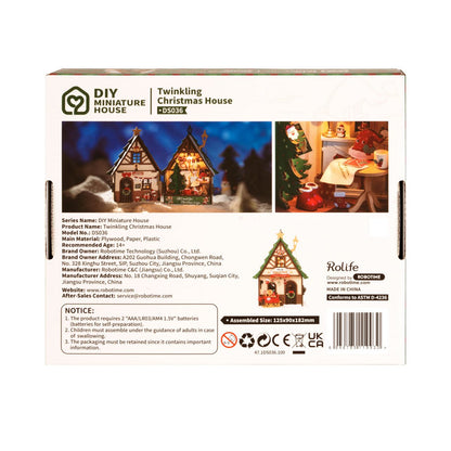 Twinkling Christmas House DIY Wooden Miniature Kit – Festive Holiday Cottage, 46 Pieces by Robotime