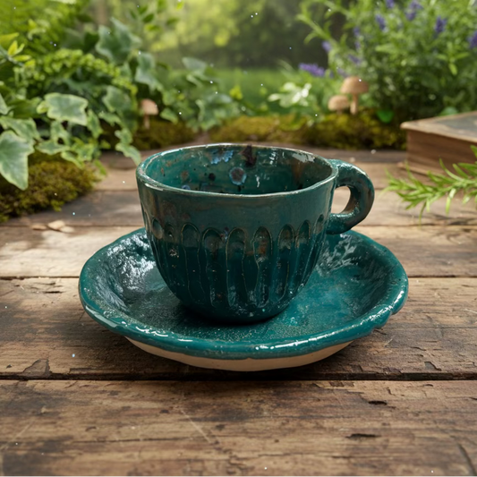 Emerald Grove Ceramic Cup & Saucer – Ritual Beneath the Canopy, Ø8×7 cm & Ø14×2.5 cm by Red Raven Pottery