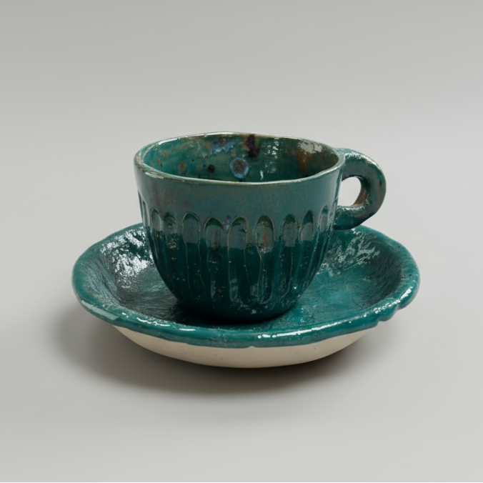 Emerald Grove Ceramic Cup & Saucer – Ritual Beneath the Canopy, Ø8×7 cm & Ø14×2.5 cm by Red Raven Pottery