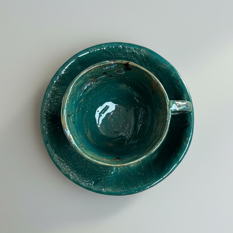 Emerald Grove Ceramic Cup & Saucer – Ritual Beneath the Canopy, Ø8×7 cm & Ø14×2.5 cm by Red Raven Pottery