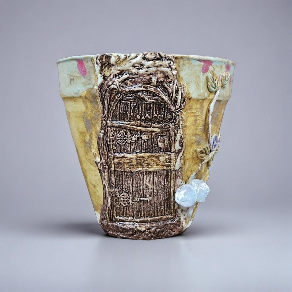 Enchanted Passage Ceramic Planter – Woodland Threshold Vessel, Ø13×14 cm by Red Raven Pottery