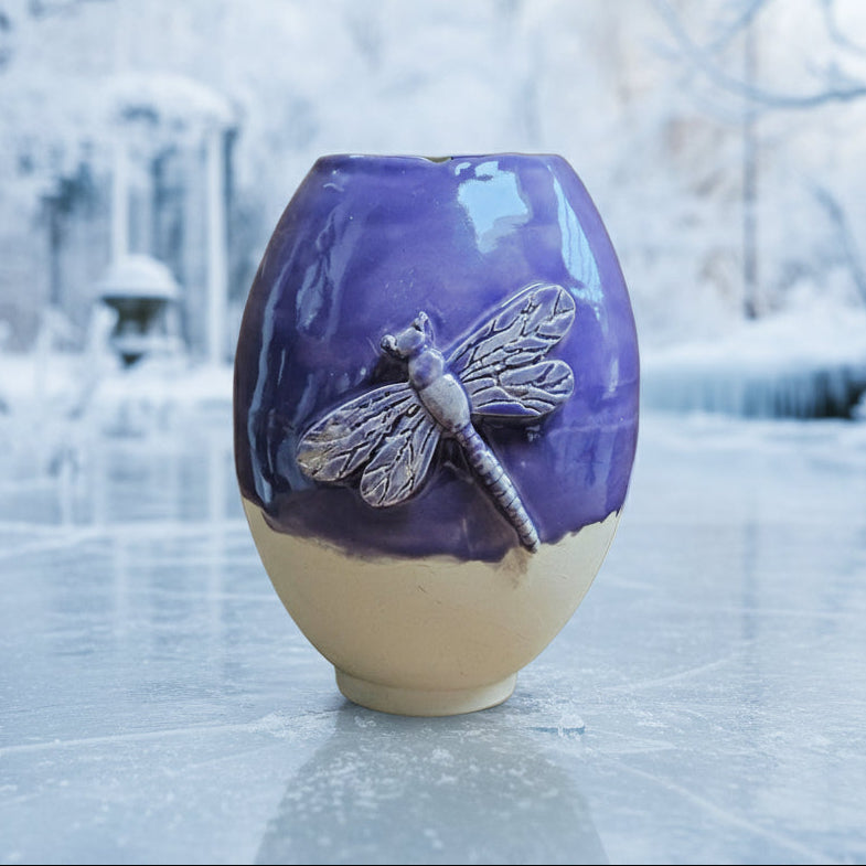 Enchanting Dragonfly Ceramic Vase – Token of Transformation, Ø15.5×11 cm by Red Raven Pottery