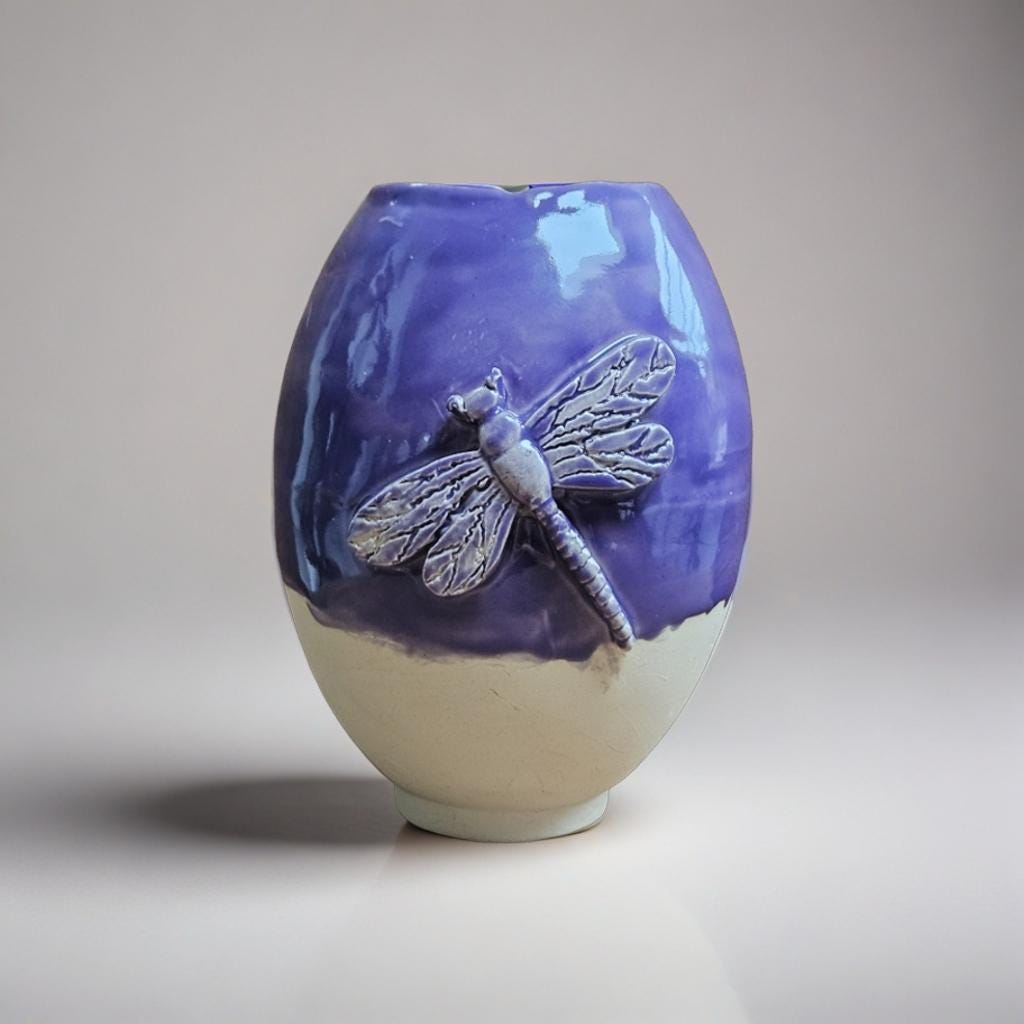 Enchanting Dragonfly Ceramic Vase – Token of Transformation, Ø15.5×11 cm by Red Raven Pottery