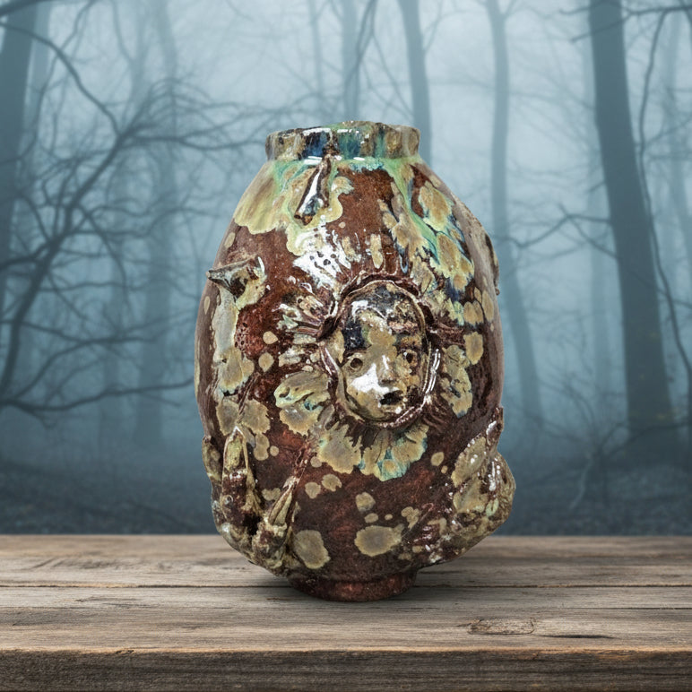 Enigmatic Bone-Mask Ceramic Vase – Dark Folk Ritual Vessel, Ø12×17.5 cm by Red Raven Pottery