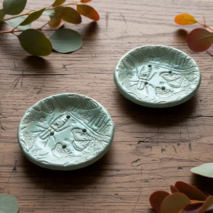 Eucalyptus Entomology Handmade Ceramic Soap Dish – Insects in Soft Green, Ø10 × 2 cm by Red Raven Pottery