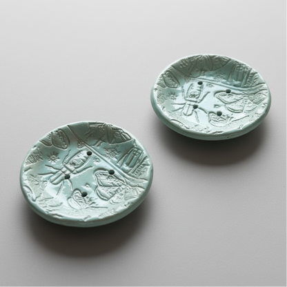 Eucalyptus Entomology Handmade Ceramic Soap Dish – Insects in Soft Green, Ø10 × 2 cm by Red Raven Pottery