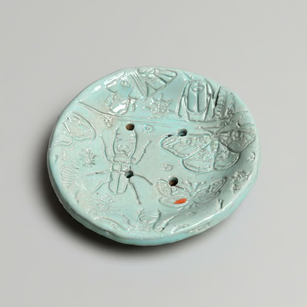 Eucalyptus Entomology Handmade Ceramic Soap Dish – Insects in Soft Green, Ø10 × 2 cm by Red Raven Pottery
