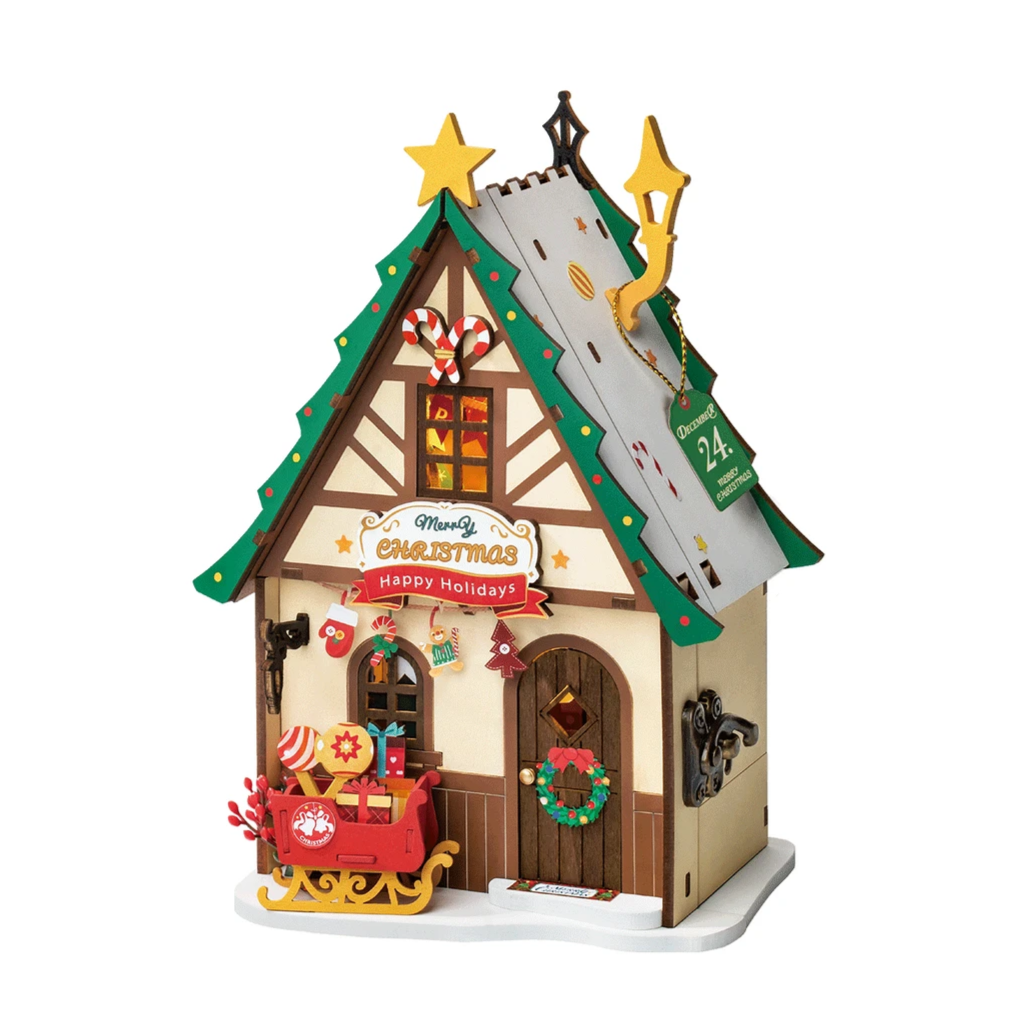 Twinkling Christmas House DIY Wooden Miniature Kit – Festive Holiday Cottage, 46 Pieces by Robotime
