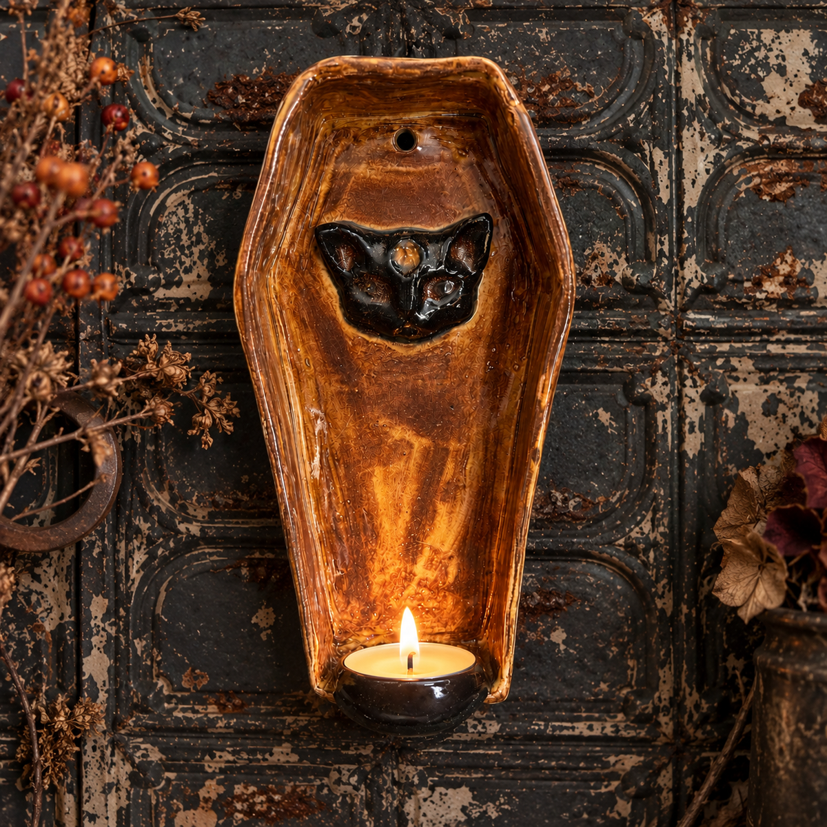 Familiar’s Rest Handmade Ceramic Coffin Wall Shelf – Gothic Tealight & Succulent Holder, 18 × 9 × 5 cm by Red Raven Pottery